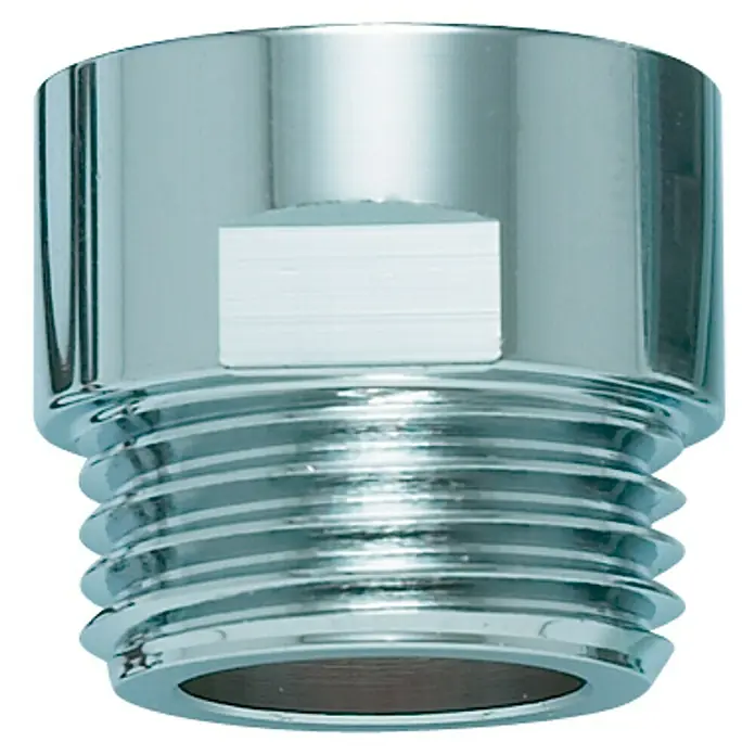 Neoperl Wassersparverschraubung - ½″, 10 l/min, Geeignet für: Brausearmaturen - Nahaufnahme eines glänzenden Chrom-Gewindeadapters, der für Sanitärinstallationen verwendet wird. Das Bauteil ist sauber und zeigt präzise Verarbeitung.