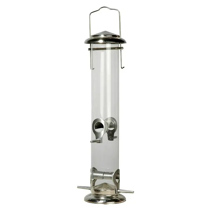 Dobar Futterspender mit Acrylglasröhre - Ø x H: 9,5 x 39 cm, Silber - Vogelhaus mit durchsichtigem Zylinder und silberfarbenen Metallakzenten zum Aufhängen im Garten oder auf dem Balkon.