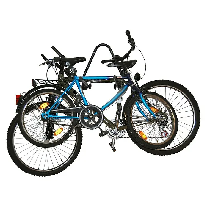 Eufab Fahrrad-Wandhalter - Traglast: 45 kg - Eine Nahaufnahme einer Fahrradaufbewahrung mit zwei Fahrrädern unterschiedlicher Größe. Die Halterung ist schwarz und die Fahrräder sind blau und schwarz.
