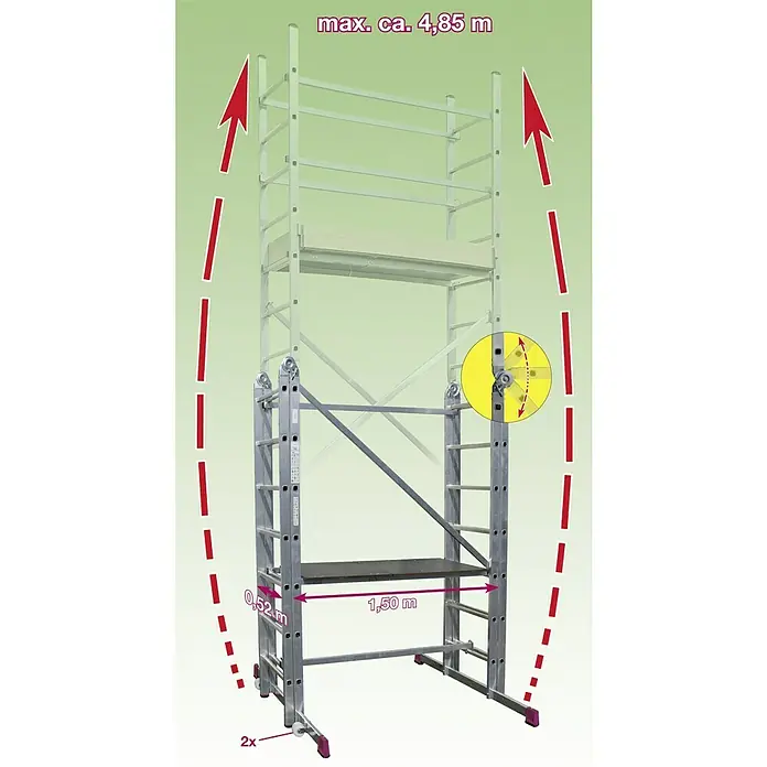 Krause Corda Gelenkgerüst - Arbeitshöhe: 5 m, Belastbarkeit Plattform: 135 kg, Breite Plattform: 0,56 m, Länge Plattform: 1,5 m - Aluminium-Rollgerüst mit einer maximalen Höhe von 4,85 m, ideal für Arbeiten in verschiedenen Höhen. Einfach zu montieren und sicher in der Anwendung.