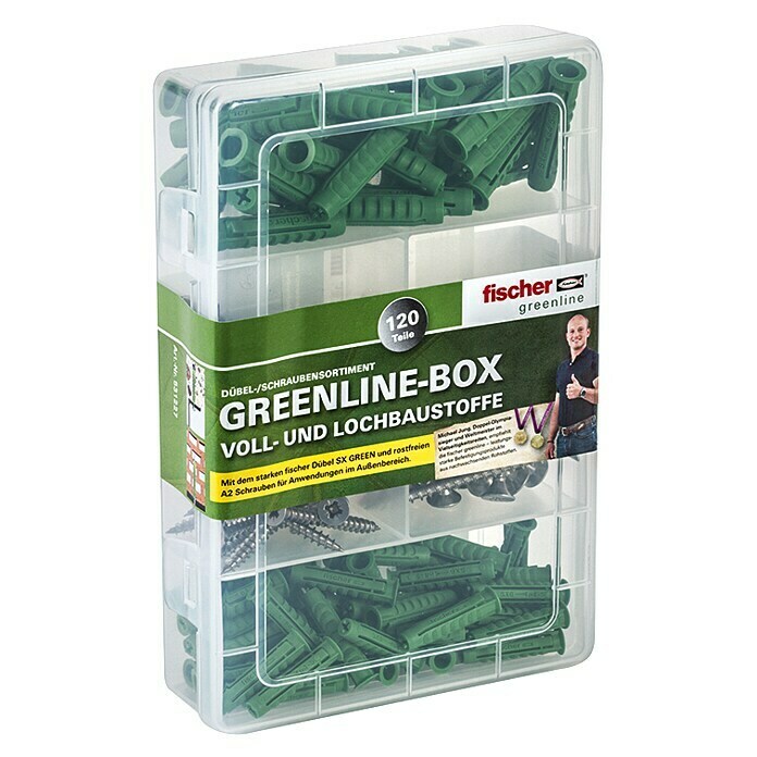 Fischer Greenline Dübel- & Schraubenbox Meister-Box SX Green (120-tlg., Mit Schrauben, Material Dübel: Nylon, Material Schraube: Edelstahl)