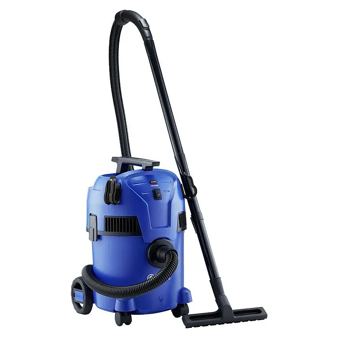 Nilfisk Elektro-Nass- & Trockensauger Multi II 22 - 1.200 W, Behältervolumen: 22 l - Abbildung eines blauen Mehrzwecksaugers mit schwarzem Schlauch und Griff.