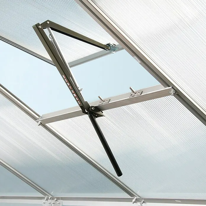 Vitavia Gewächshaus Zeus 13800 Plus - Außenmaß inkl. Dachüberstand (B x T): 256 x 540 cm, 16 mm, Schwarz - Nahaufnahme eines automatischen Fensteröffners für Gewächshäuser. Er sorgt für eine optimale Belüftung und Temperaturregulierung.