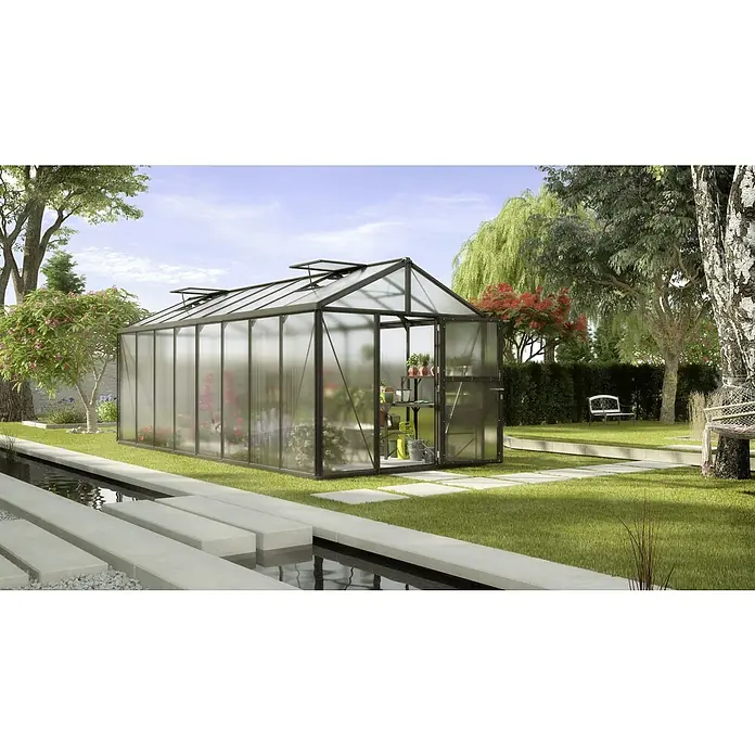 Vitavia Gewächshaus Zeus 15700 - Außenmaß inkl. Dachüberstand (B x T): 256 x 614 cm, 10 mm, Schwarz - Ein geräumiges Gewächshaus mit robustem Rahmen, ideal für den Anbau verschiedener Pflanzen und Gemüse im eigenen Garten.