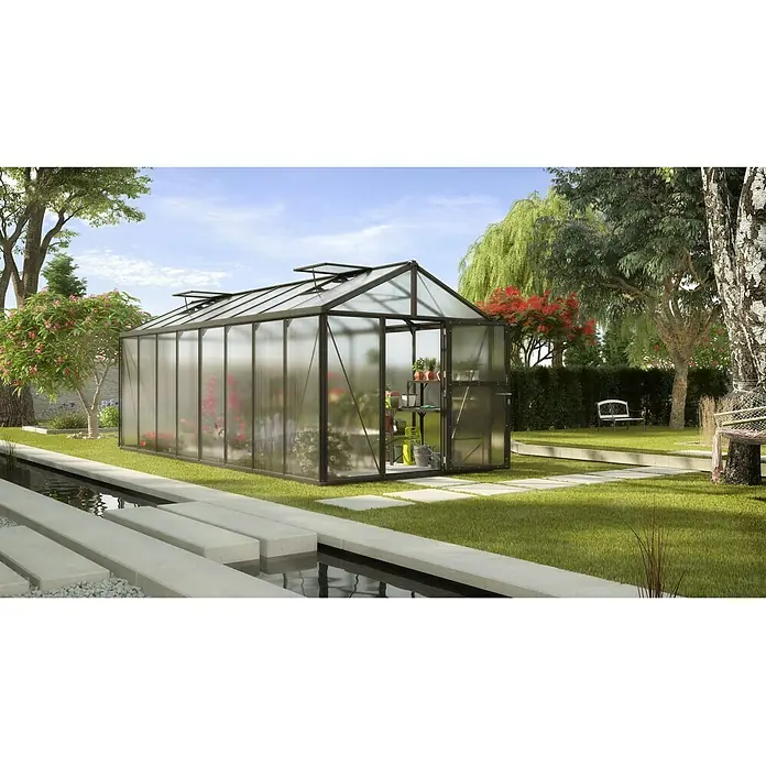 Vitavia Gewächshaus Zeus 15700Außenmaß inkl. Dachüberstand (B x T): 256 x 614 cm, 16 mm, Schwarz - Ein geräumiges Gewächshaus mit robustem Rahmen, ideal für den Anbau verschiedener Pflanzen und Gemüse im eigenen Garten.
