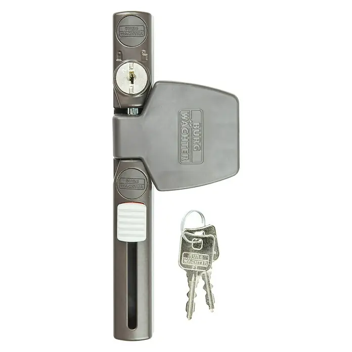 Burg-Wächter WinSafe Fenstersicherung WS 33 - Einflügelig, Braun - Burg Wächter Fenstergriff FG 110 silber mit zwei Schlüsseln. Sichern Sie Ihr Zuhause mit diesem hochwertigen Fenstergriff.