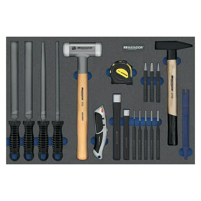 Matador Tool System Werkzeugsatz-Einlage Mechaniker-Werkzeuge - 19 -tlg. - Werkzeugsortiment von Matador, bestehend aus Feilen, Hämmern, Messband, Stechbeitel und Durchschlägern, ideal für Handwerker.