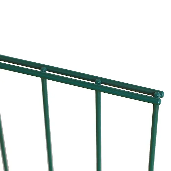 Peddy Shield Zaun-Set DSM - 2 x 1,03 m, Grün, 2 -tlg., Normaler Anbau - Detailaufnahme eines grünen Metallregals mit zwei horizontalen Stangen und senkrechten Streben, ideal für Pflanzen oder Dekorationen.