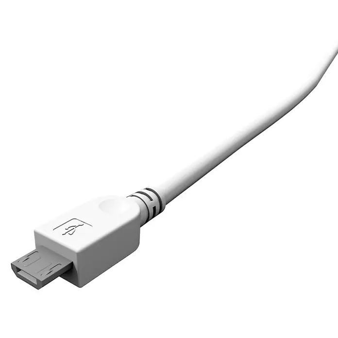 Expo Ambiente USB-Kabel - Länge: 3 m - Nahaufnahme eines weißen Micro-USB-Kabels mit einem USB-Stecker und einem Kabel, das sich in den Hintergrund erstreckt.