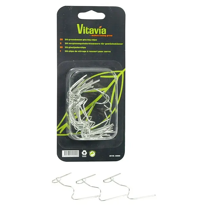 Vitavia Glasfederklammer - 20 Stk., Silber - Bild eines Pakets Vitavia-Gewächshaus-Verglasungsclips, 20 Stück, zusammen mit drei einzelnen Clips.