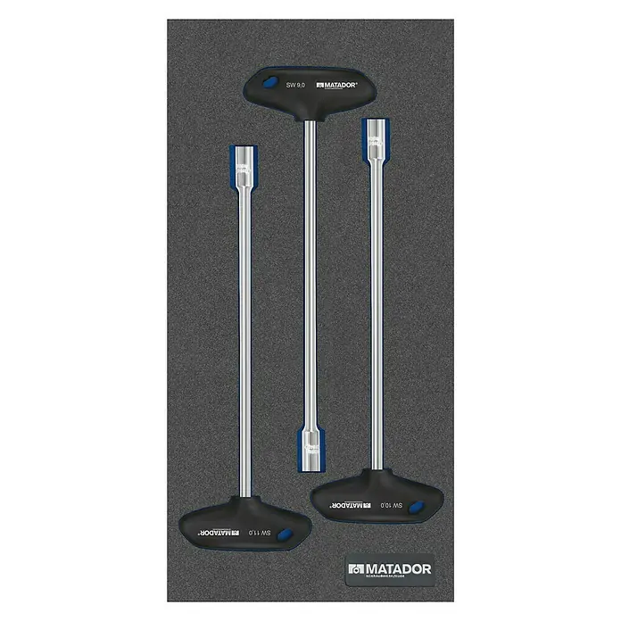 Matador Tool System T-Griff-Steckschlüssel-Satz - 3 -tlg., 9-10-11mm - Abbildung eines Matador T-Griff-Schlüsselsatzes mit den Größen SW 9.0, SW 10.0 und SW 11.0, ideal für Werkstattarbeiten.