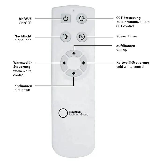 Just Light LED-Deckenleuchte Jonas - 40 W, Weiß, Tageslichtweiß - Nahaufnahme einer weißen Neuhaus Lighting Group-Fernbedienung zur Steuerung von Leuchten.