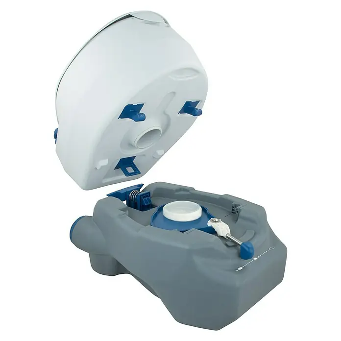 Campingaz Campingtoilette Portable - L x B x H: 58 x 41 x 45 cm, Fassungsvermögen Wassertank: 15 l, Kunststoff - Das Bild zeigt eine tragbare Toilette mit zwei Teilen, einem grauen Unterteil und einem abnehmbaren, weißen Oberteil.