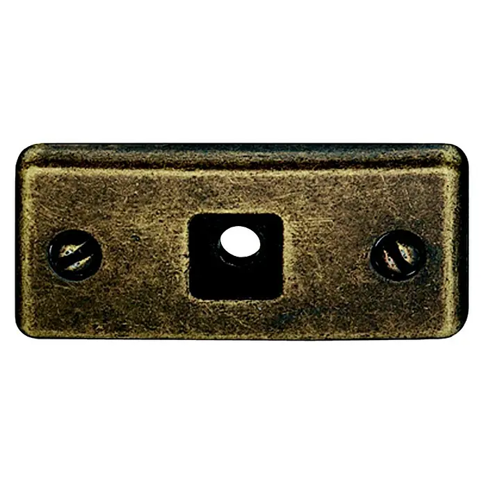Möbelknopfplatte - M 4, L x B x H: 45 x 21 x 3,5 mm, Zinkdruckguss, Braun - Nahaufnahme einer rechteckigen, goldfarbenen Schlossplatte mit Schrauben und einem Schlüsselloch in der Mitte.