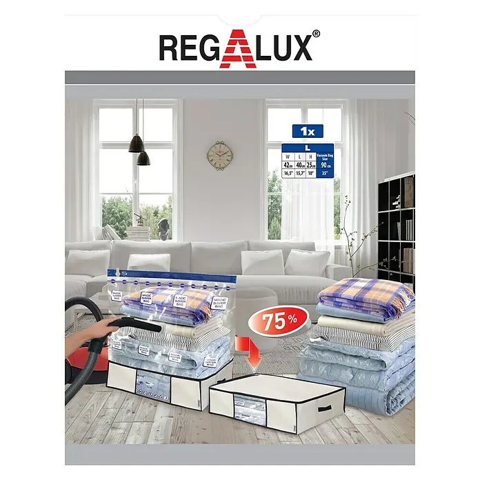 Regalux Vakuum-Beutel mit Tasche L - Volumen: 42 l, 42 x 40 x 25 cm - Werbung für Regalux Vakuum-Aufbewahrungsbeutel mit 75% Rabatt. Ideal zum platzsparenden Aufbewahren von Textilien und saisonaler Kleidung.
