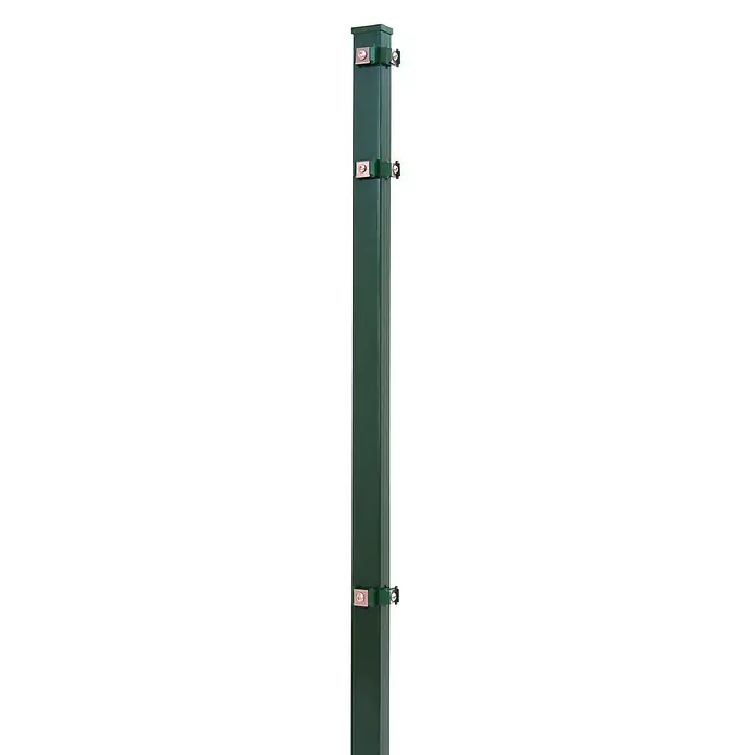 Peddy Shield Eckpfosten - 150 cm x 40 mm x 40 mm, Grün - Hier ist eine Nahaufnahme eines grünen Pfostens mit mehreren silbernen und blauen Klammern, ideal für Außenanlagen oder als robuste Stütze.