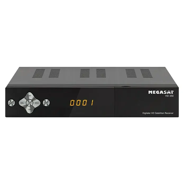 Megasat HDTV-Sat-Receiver HD 350 V3 - 1.920 x 1.080 Pixel (Full HD), HDMI-Eingang, L x B x H: 140 x 220 x 40 mm - Nahaufnahme eines Megasat HD 350 digitalen Satellitenreceivers mit Frontbedienelementen und digitaler Anzeige.
