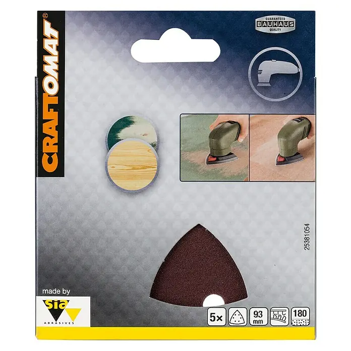 Craftomat Papel de lija Delta - An x L: 93 x 93 mm, Grano: 180 mm, 5 ud., Madera - La imagen muestra un paquete de hojas de lija CRAFTOMAT para lijadora de detalle con diferentes granos para proyectos de carpintería.