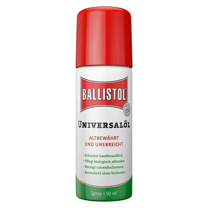 Ballistol Universalöl - 50 ml, Spray - Abbildung einer Dose Ballistol Universalöl, ein Mehrzwecköl für Waffenpflege, Haushalt und Hobby.