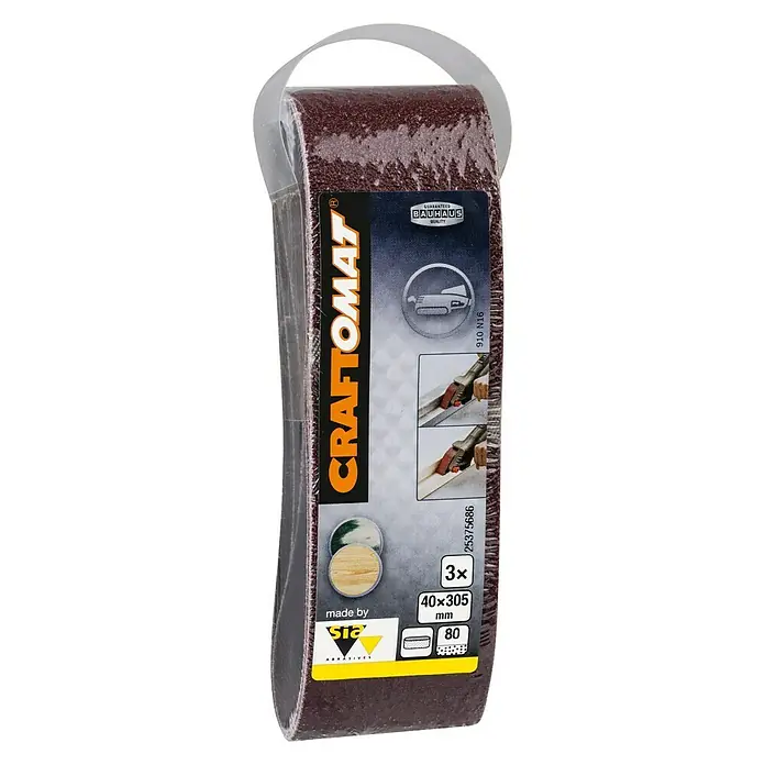 Craftomat Lija de banda - L x An: 305 x 40 mm, Grano: 80, 3 ud. - Imagen de un paquete de bandas de lijar CRAFTOMAT con un grano de 80, ideal para lijar diversas superficies.