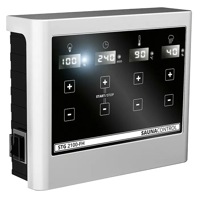 Karibu Elementsauna Gobin - Mit 9 kW Bio-Ofen mit externer Steuerung, Mit Dachkranz und Beleuchtung, L x B x H: 245 x 210 x 192 cm - Nahaufnahme einer Saunasteuerung STG 2100-FH mit Digitalanzeige für Temperatur, Zeit und Luftfeuchtigkeit, sowie Bedientasten.