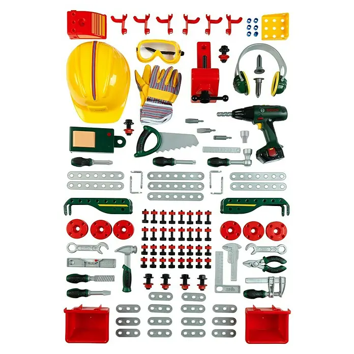 Klein Bosch Kinder-Werkbank - Licht- & Toneffekte - Spielzeug-Werkzeugset mit Helm, Brille, Handschuhen, Schraubstock, Kopfhörer, Bohrer, Säge, Schraubenschlüssel, Hammer, Zange, Schrauben und anderem Zubehör.