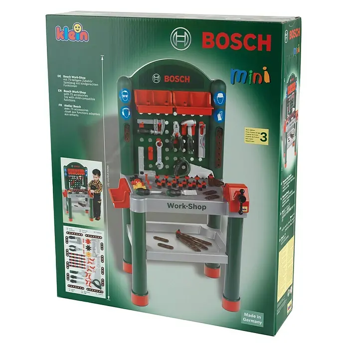 Klein Bosch Kinder-Werkbank - L x B x H: 50 x 37 x 105 cm - Verpackung für Bosch Mini Werkbank für Kinder mit 75 Zubehörteilen, ideal zum Spielen und Lernen.