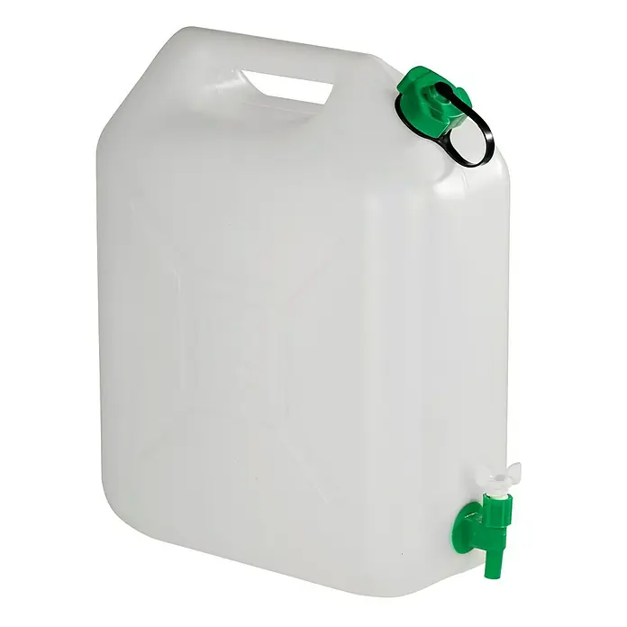 WasserkanisterMit Hahn, 20 l - Ein detailreiches Bild eines weißen Wasserkanisters mit grünem Hahn und Deckel, ideal für Camping und Outdoor-Aktivitäten.