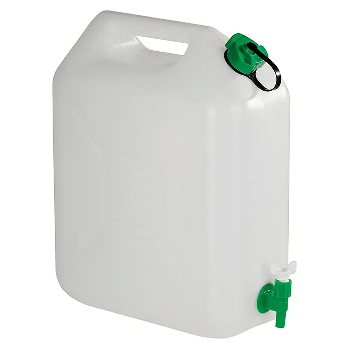 Wasserkanister - Mit Hahn, 20 l - Ein detailreiches Bild eines weißen Wasserkanisters mit grünem Hahn und Deckel, ideal für Camping und Outdoor-Aktivitäten.
