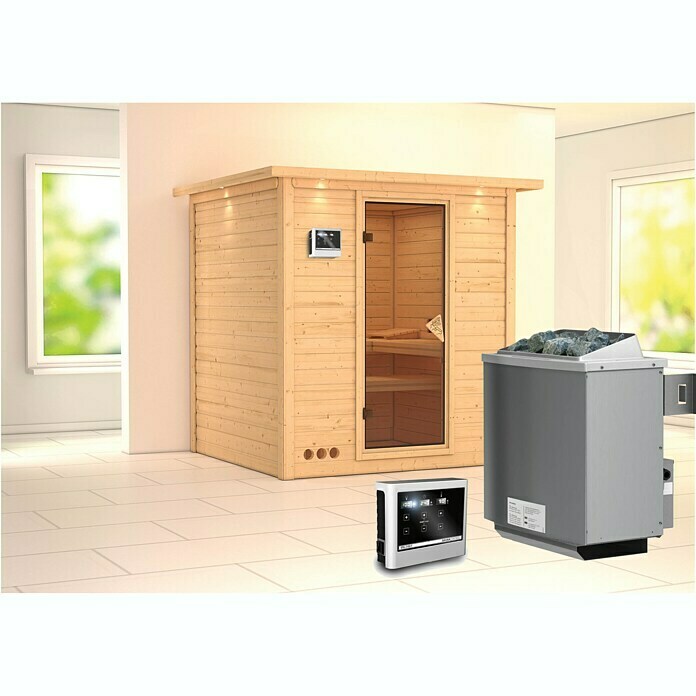 Karibu Massivholzsauna Mojave (Mit Saunaofen 9 kW inkl. Steuerung Easy, Mit Dachkranz und Beleuchtung, Ganzglas Bronze, 184 x 193 x 208 cm)