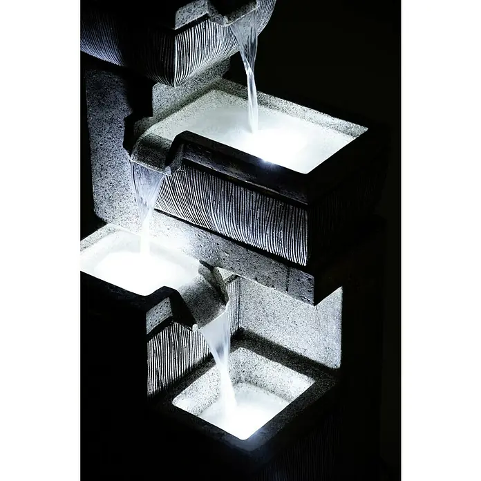 Dobar Gartenbrunnen - 38,7 x 32,3 x 80,3 cm, Kunststoff, Grau - Die elegante Wasserfall-Tischbrunnen verfügt über 3 Ebenen mit LED-Beleuchtung, die eine beruhigende und entspannende Atmosphäre schafft.