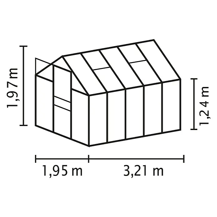 Vitavia Gewächshaus Venus 6200 Plus - Außenmaß inkl. Dachüberstand (B x T): 195 x 321 cm, 3 mm, Aluminium - Schema eines Gewächshauses mit Höhen- und Breitenangaben. Das Gewächshaus ist 1,97 m hoch, 1,95 m breit und 3,21 m lang.