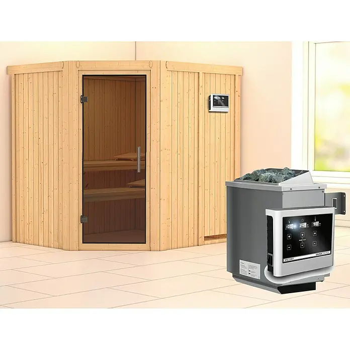 Karibu Elementsauna Siirin - Mit 9 kW Ofen mit externer Steuerung, Ohne Dachkranz, Materialspezifizierung Tür: Ganzglas Graphit, L x B x H: 196 x 170 x 192 cm - Eine moderne Sauna mit Holzwänden und Glastür, ergänzt durch einen stilvollen Saunaofen mit Steinen.