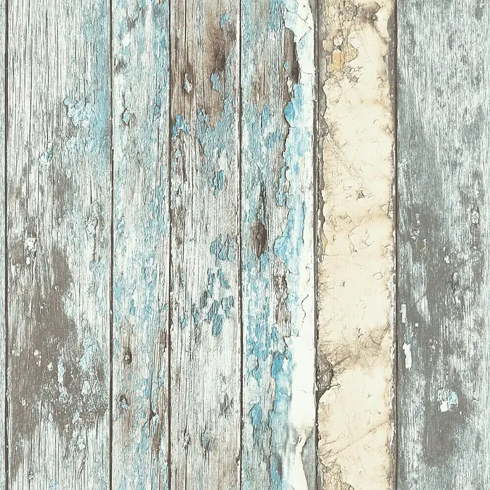 Papel pintado Tablilla madera - Multicolor, Efecto madera, 10,05 x 0,53 m - Esta imagen muestra un fondo de tablones de madera rústicos, con pintura azul y blanca desconchada que crea una estética desgastada.