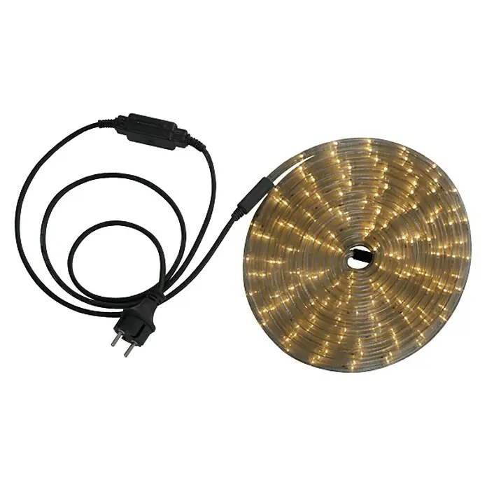 Globo Tira de luces LED - Largo: 6 m, Color de luz: Blanco cálido, 8,64 W, 288 lm - Una tira de luces LED enrollada con un cable de alimentación negro y enchufe. Crea un ambiente cálido para cualquier ocasión festiva.