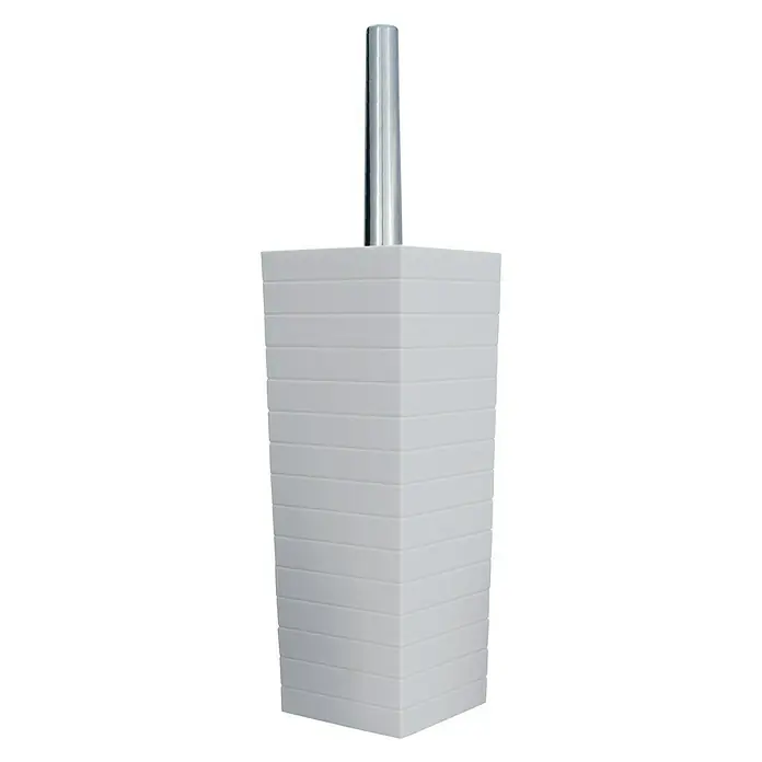 Aquasanit Style Conjunto de escobilla - 9,5 x 9,5 x 38 cm, Plástico, Blanco - Elegante escobilla de baño con un soporte blanco escalonado y un mango plateado delgado para un accesorio de baño elegante.