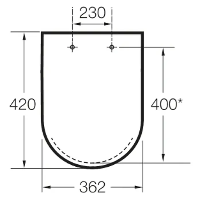 Roca Meridian-N Tapa de WC Compact - Termoplástico, Blanco - Dibujo técnico de un lavabo con dimensiones. El lavabo tiene forma de U y las dimensiones son 420 x 362 x 230 mm.