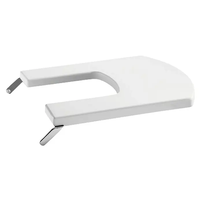 Roca Hall Tapa de bidé - Blanco, Plástico termoendurecido - Primer plano de un asiento de inodoro elevado blanco para mayor comodidad e higiene en el baño.