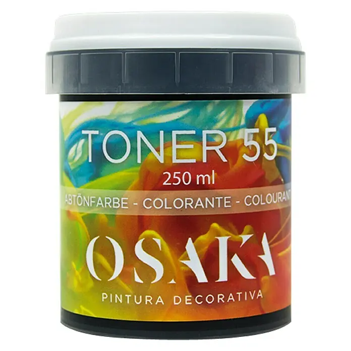 Osaka Colorante Toner - Grafito, 250 ml - Imagen del producto: Un envase de 250 ml de pintura de entonación Osaki Toner 55 para pintura decorativa, con tapa blanca y etiqueta colorida.