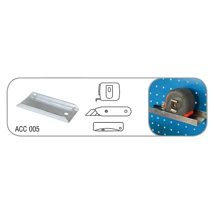 Simonrack Panelclick Soporte para herramientas ACC 005 - Apto para: Utensilios pequeños - Ilustración de una herramienta de pelado, un cuchillo y una cinta métrica para el taller.