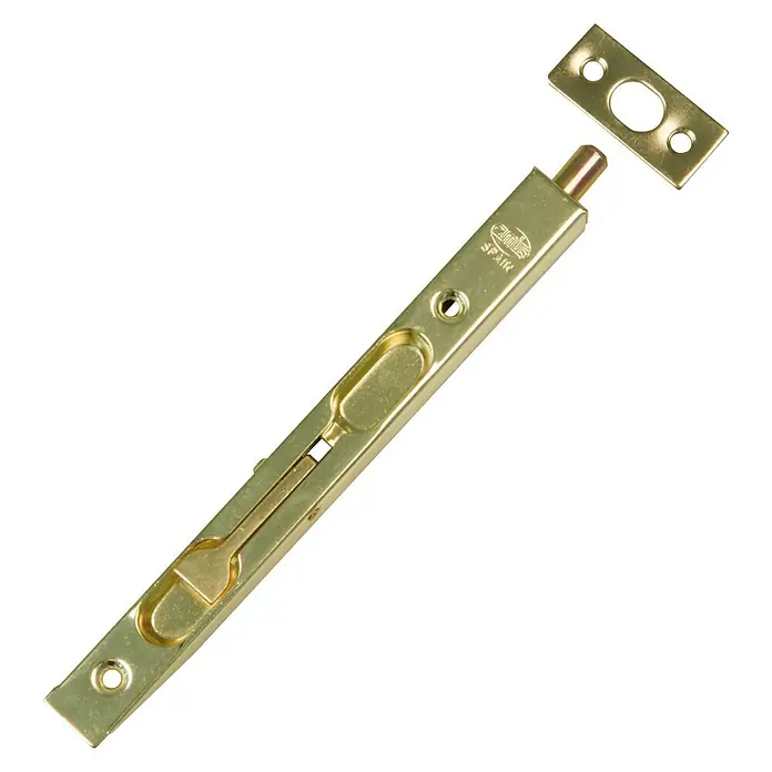 Pestillo con bloqueo de embutir - 200 x 17 mm - Un pestillo de puerta de metal color oro con placa de montaje, ideal para sujetar de forma segura puertas y ventanas.