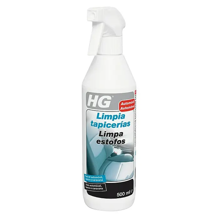 HG Limpiador para tapicería - 500 ml - Imagen de un bote de spray de limpiatapicerías HG para la limpieza de asientos de coche, cojines de barco y fundas de caravana, 500ml.