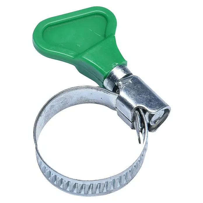 Connex Surtido de abrazaderas para manguera 16 - 25 mm - 4 pzs., Acero inoxidable - Primer plano de una abrazadera con mango verde, ideal para conexiones seguras y manuales en fontanería y sistemas de calefacción.