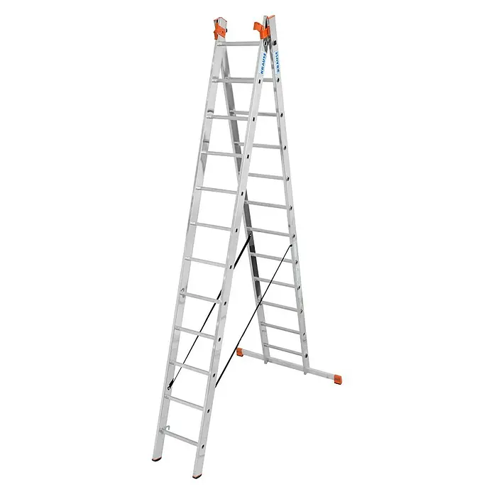 Krause Monto Mehrzweckleiter Tribilo - Arbeitshöhe: 9,3 m, Anzahl Tritte: 36 Stk., Belastbarkeit: 150 kg, Aluminium - Bild einer silbernen Mehrzweckleiter, die sich ideal für verschiedene Aufgaben eignet und durch Stabilität und Flexibilität überzeugt.