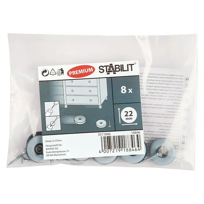 Stabilit Möbelgleiter Easy-Glider - Durchmesser: 22 mm, Mit Schraube, 8 Stk. - Bild einer Packung Stabilit Möbelgleiter, 8 Stück, 22mm, zur einfachen Montage unter Möbeln.