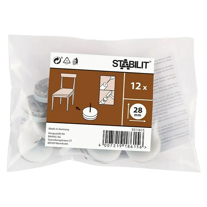 Stabilit Protector para muebles - Diámetro: 28 mm, Redonda, 12 ud., Blanco - Paquete de 12 deslizadores de fieltro para muebles Stabilit, de 28 mm de diámetro, para un montaje fácil en las patas de la silla.