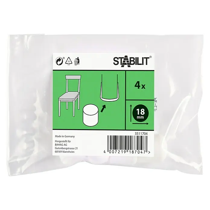 Stabilit Rohrkappen - 18 mm, Weiß, 4 Stk. - Verpackung mit 4 Stabilit Stuhlbeinkappen, 18mm Durchmesser, für Möbelbodenschutz und Geräuschreduzierung. Ideal für glatte Böden.