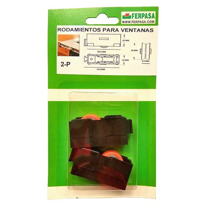 Cojinete de bolas pástico 2-P - Diámetro: 16 mm, Ancho: 15 mm - Embalaje del producto con rodillos para guías de ventanas, incluyendo dibujo esquemático y dimensiones, modelo 2-P de Ferpasa.
