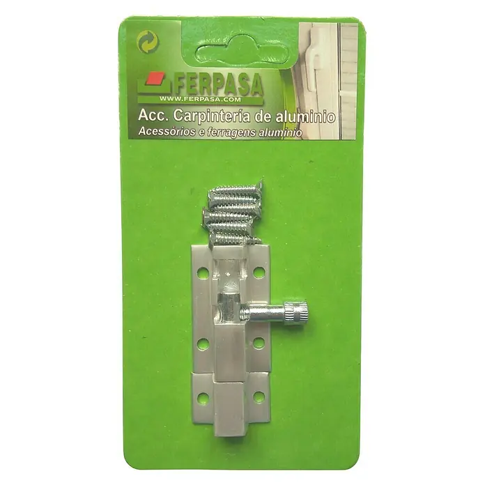 Cerradura adicional para ventanas - Largo: 60 mm, Aluminio, Plateado - Juego de cerrojo de aluminio Ferpasa, incluye tornillos para una fácil instalación. Ideal para carpintería y construcción de muebles.