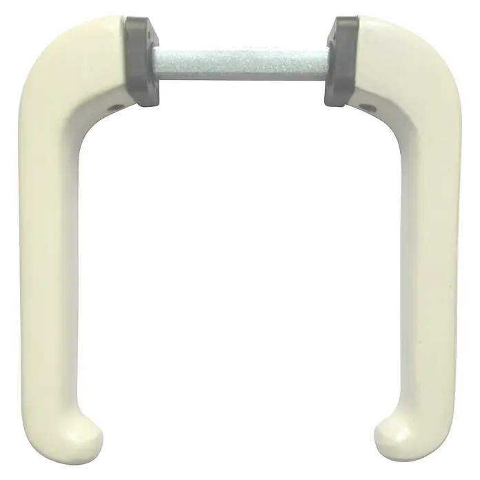 Manilla para ventana Balcon - Blanco - Una manija de ventana color crema con un husillo plateado que conecta las manijas. Ideal para ventanas y puertas.